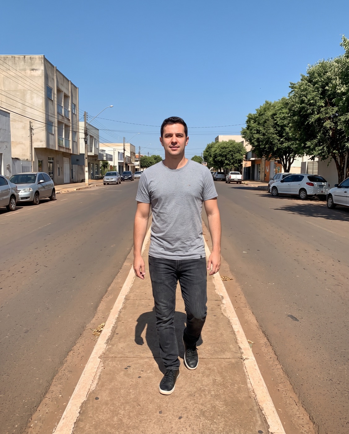 Antes: homem comum andando numa rua de cidade do interior