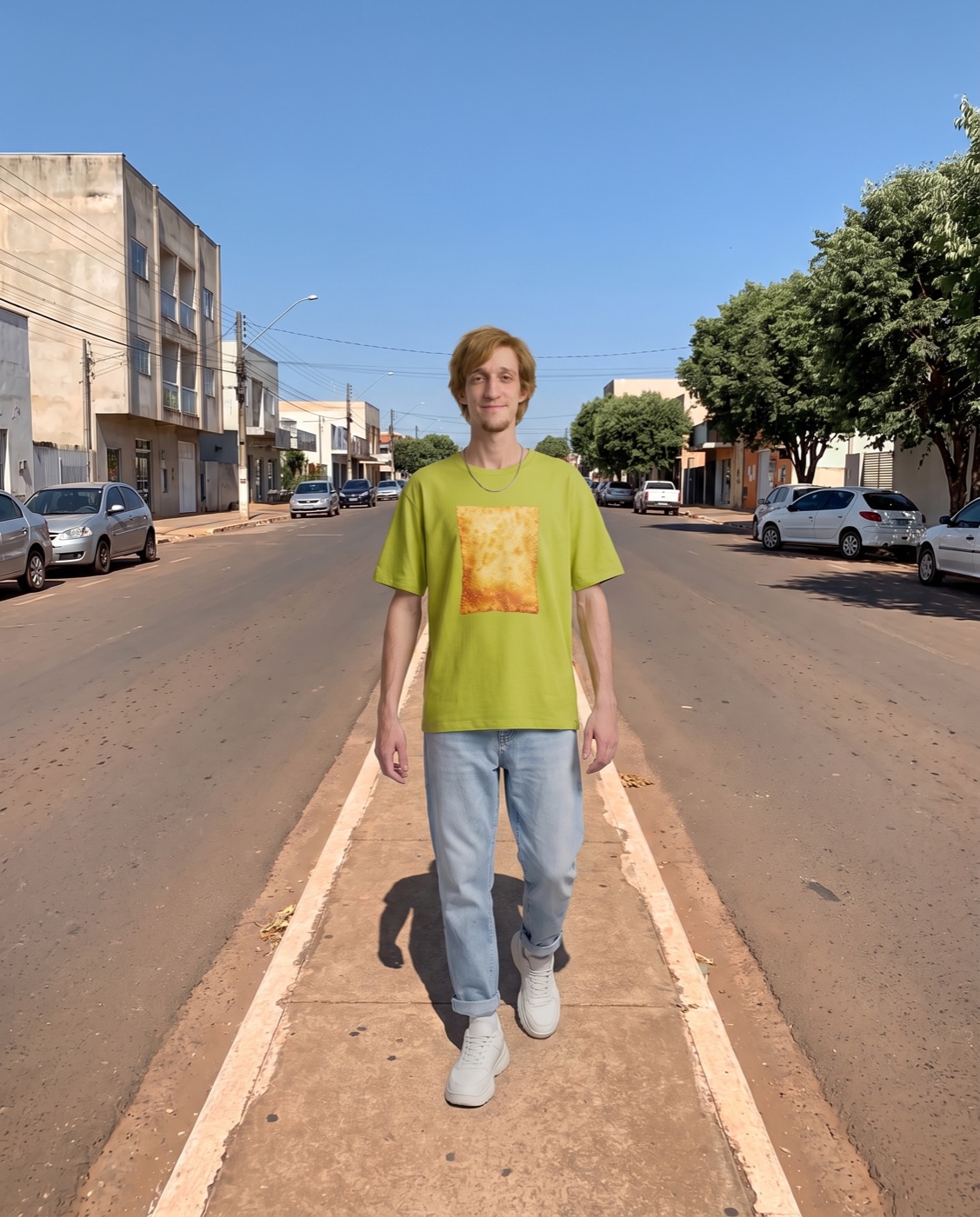 Depois: a mesma rua e a mesma pose, agora com o Pastel Lino