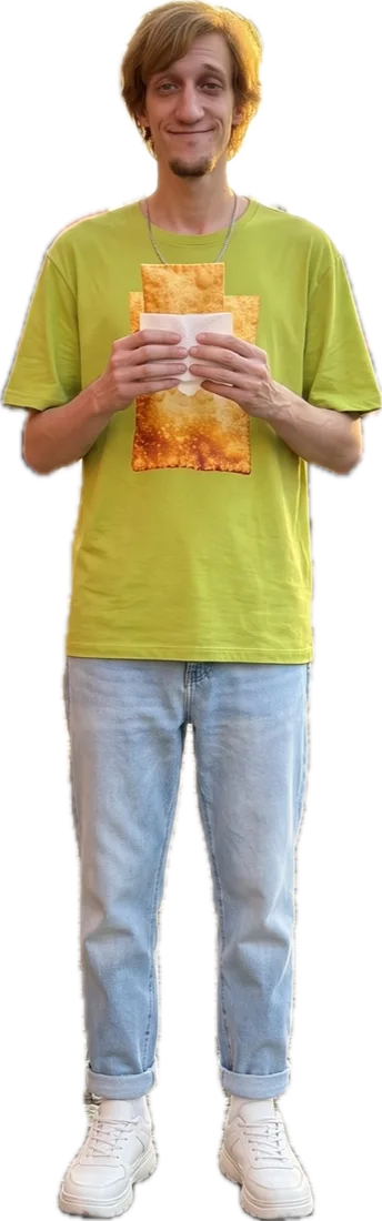 Pastel Lino, personagem de IA, segurando um pastel