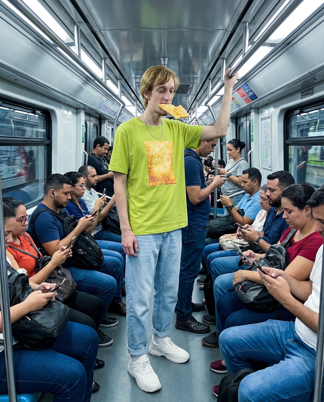 Pastel Lino no metrô comendo um pastel