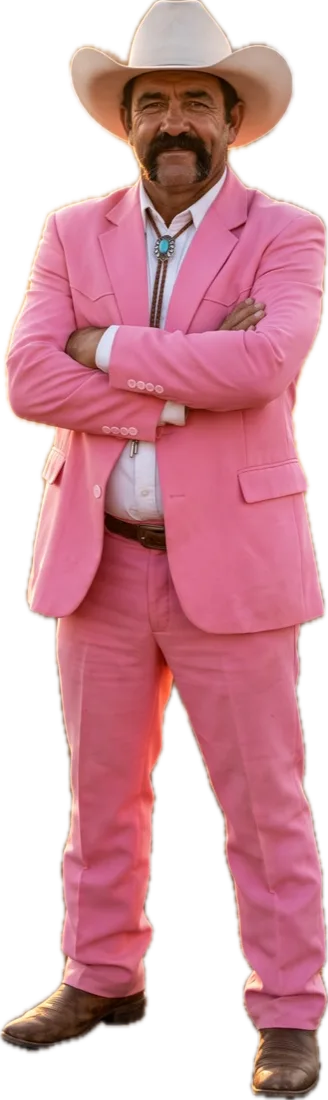Personagem de IA: caubói de terno rosa