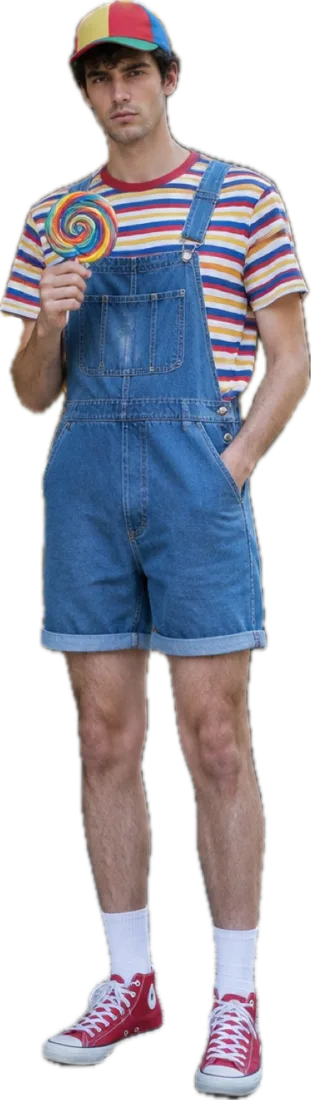 Personagem de IA: homem muito alto de jardineira e boné de hélice