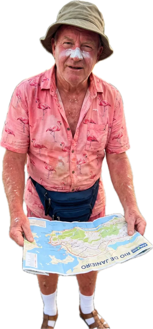 Personagem de IA: turista queimado de sol com mapa