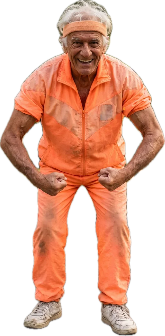 Personagem de IA: idoso de agasalho laranja fazendo pose de força
